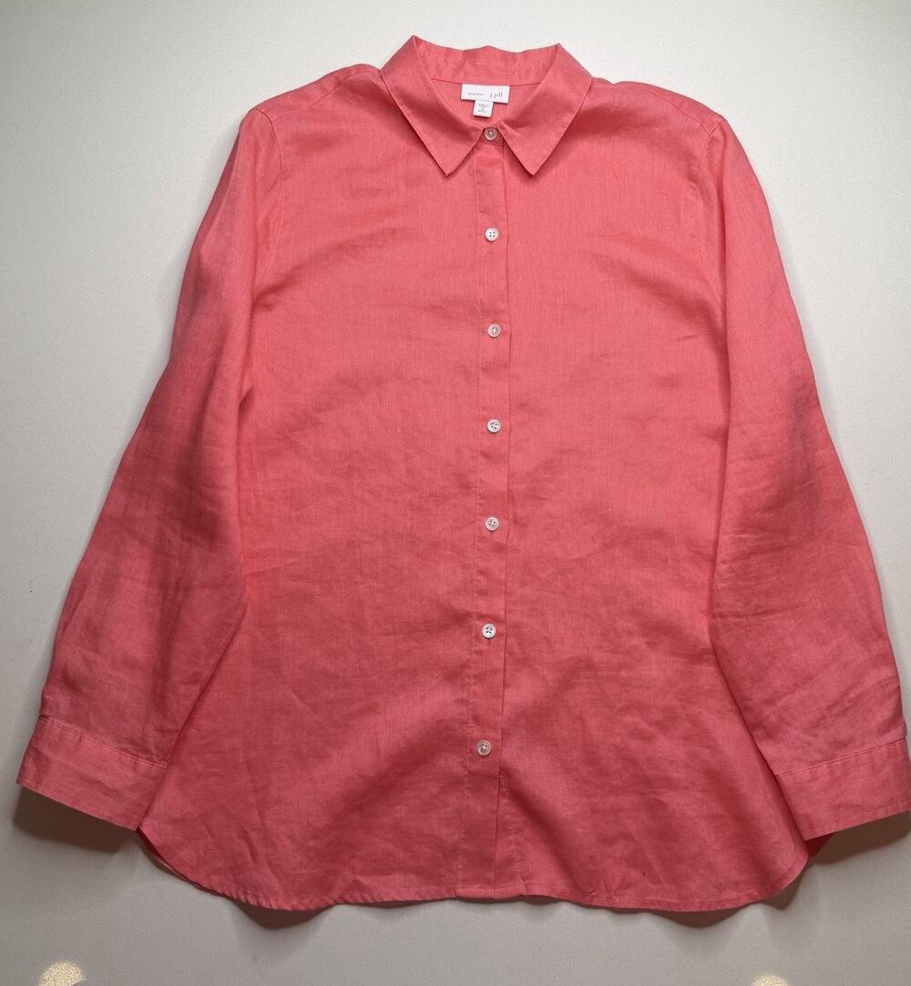 J. Jill Love Linen Coral Button Front Shirt Long Sleeve 100% Linen Missy M